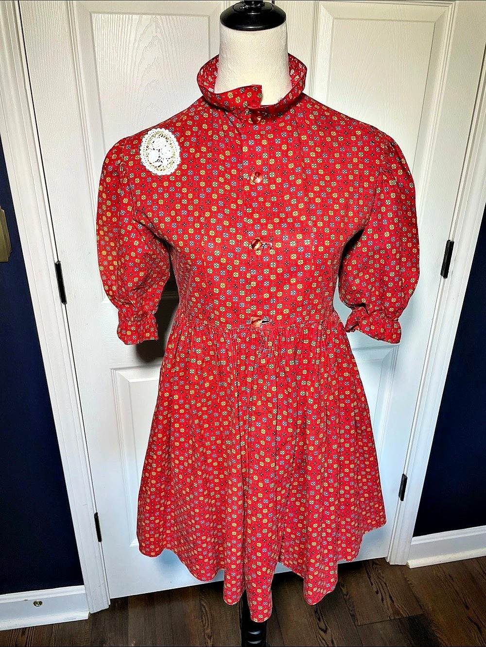 Handmade Vintage Red Calico Dress 1970s Cottagecore Puff Sleeve Prairie Size Sma